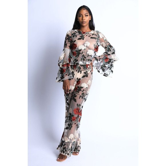 Women's Rose embroidered Outfit Casual Set Flared Long Sleeve 2 Piece Set - Picture 4 of 12